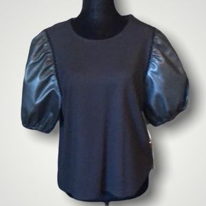 LAUNDRY black top with puffed faux leather sleeves size large